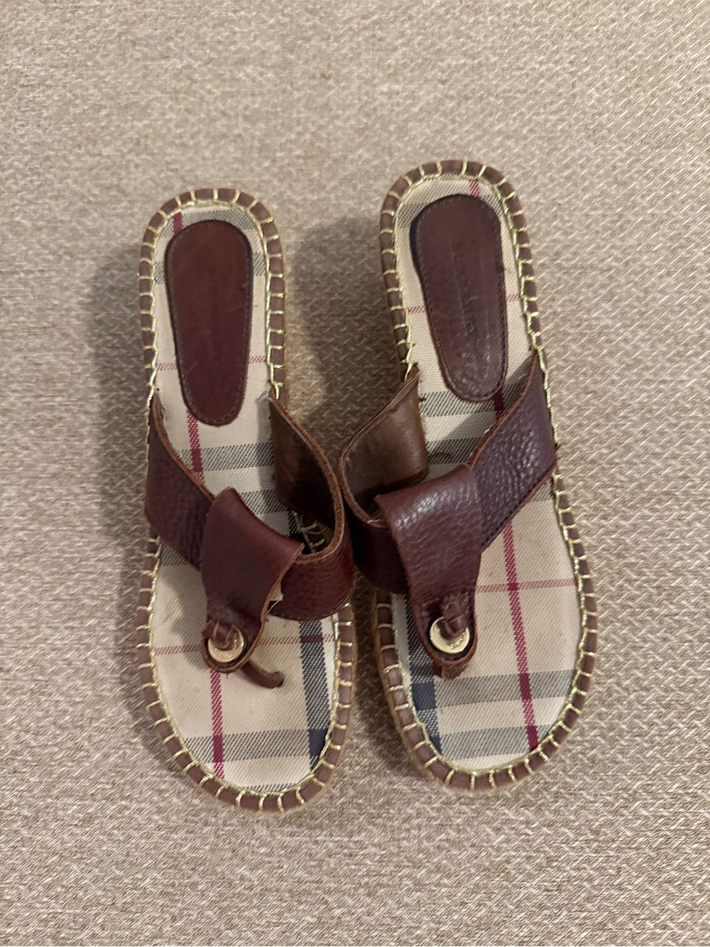 Burberry Brown Leather espadrilles wedge Thong Sandals, women’s size 38.